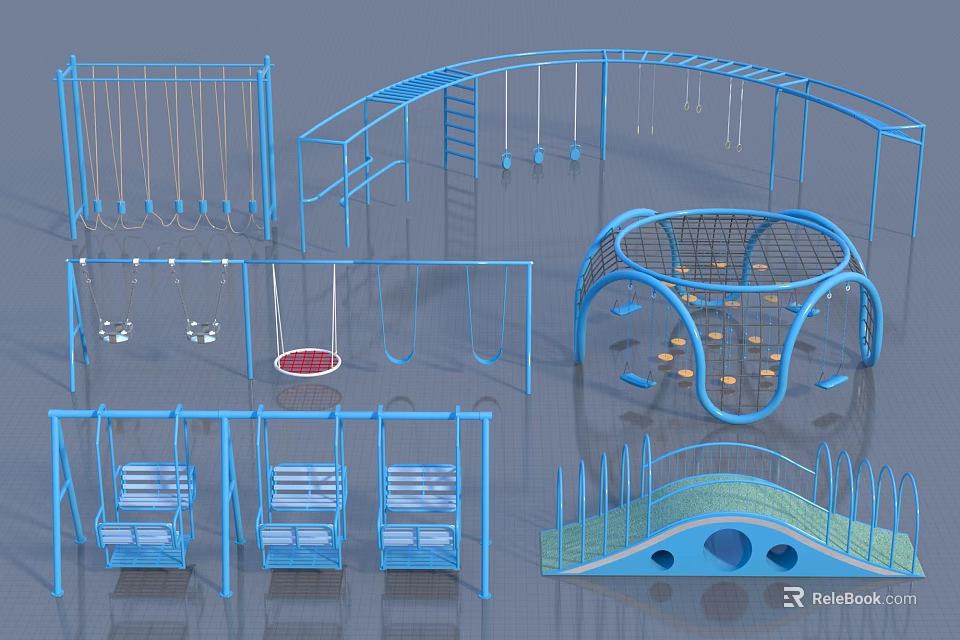 Outdoor Playground Equipment Featuring Swings Climbing Frames Rope Nets And Slide Structures 3d model 