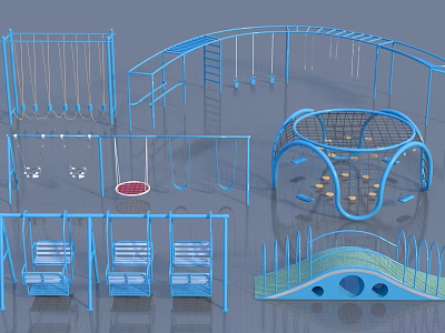 Outdoor Playground Equipment Featuring Swings Climbing Frames Rope Nets And Slide Structures 3d model
