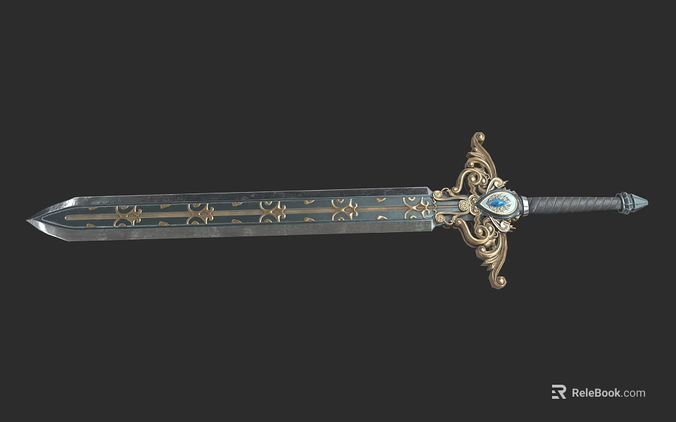 Ornate Decorative Sword With Golden Ornament Blue Gem And Intricate Patterns 3d model 
