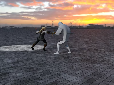 Game and Movie Characters Having Sword Fight in Open Field with Sunset City 3d model