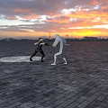 Game and Movie Characters Having Sword Fight in Open Field with Sunset City