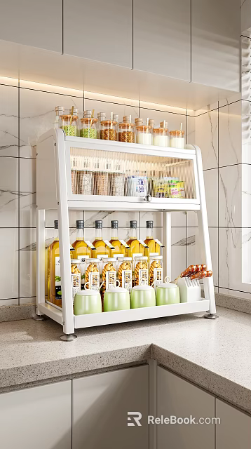 White Kitchen Storage Shelf With Multi Tier Containers Grains Oil And Spices 3d model 