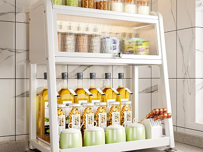 White Kitchen Storage Shelf With Multi Tier Containers Grains Oil And Spices 3d model