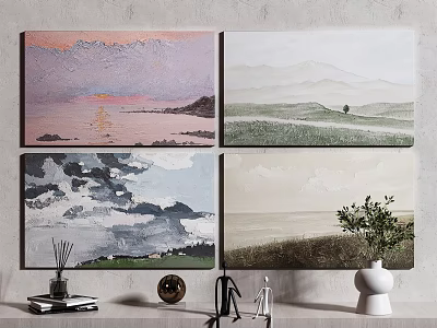 Four Abstract Landscape Paintings On Wall With Vase Scented Diffuser And Ornaments 3d model