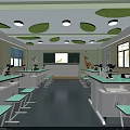 School Science Laboratory With Lab Tables Microscopes Blackboard And Green Leaf Ceiling 3d model