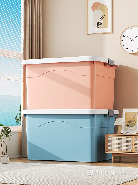 Pink And Blue Plastic Storage Boxes With White Lids Stacked In Cozy Indoor Home 3d model 