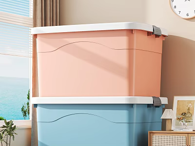 Pink And Blue Plastic Storage Boxes With White Lids Stacked In Cozy Indoor Home 3d model