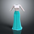 White Long Sleeve Fitted Top With Light Blue Flared Maxi Skirt Fashion Outfit