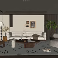 Modern Living Room Interior With Beige Sofa Black Armchair Wooden Coffee Table And Potted Plant