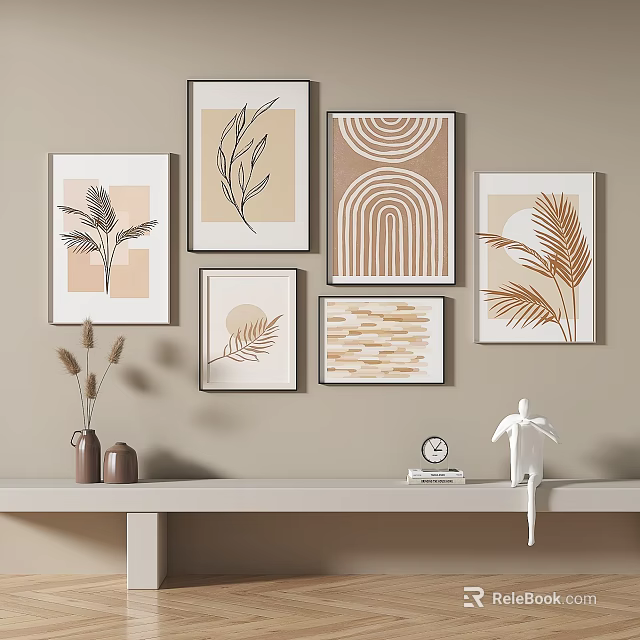 Neutral Toned Wall Art And Shelf Decor With Vase Sculpture Clock 3d model 
