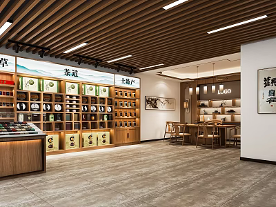 Traditional Local Specialty Store Interior With Tea Oil Products And Wooden Display Shelves 3d model