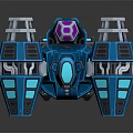 Blue Futuristic Robot With Spherical Arms And Purple Glowing Mechanical Parts