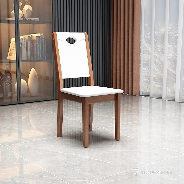 Wooden Dining Chair With White Backrest Circular Cutout And White Seat In Modern Interior 3d model 