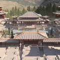 Scenic View of Traditional Ancient Chinese Architecture with Snow Capped Mountains Red Bridge and Stream