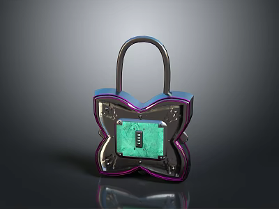 Butterfly Shaped Decorative Lock With Green Panel And Purple Blue Borders 3d model