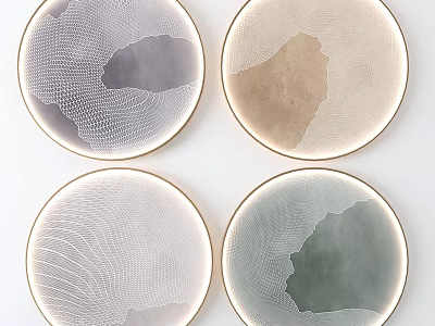 Four Round Framed Abstract Paintings with Neutral Pastel Tones and Textured Patterns 3d model