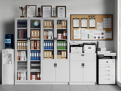 Office Storage Cabinet Rack Featuring Trophies Certificates Globe Files Printer And Dispenser 3d model