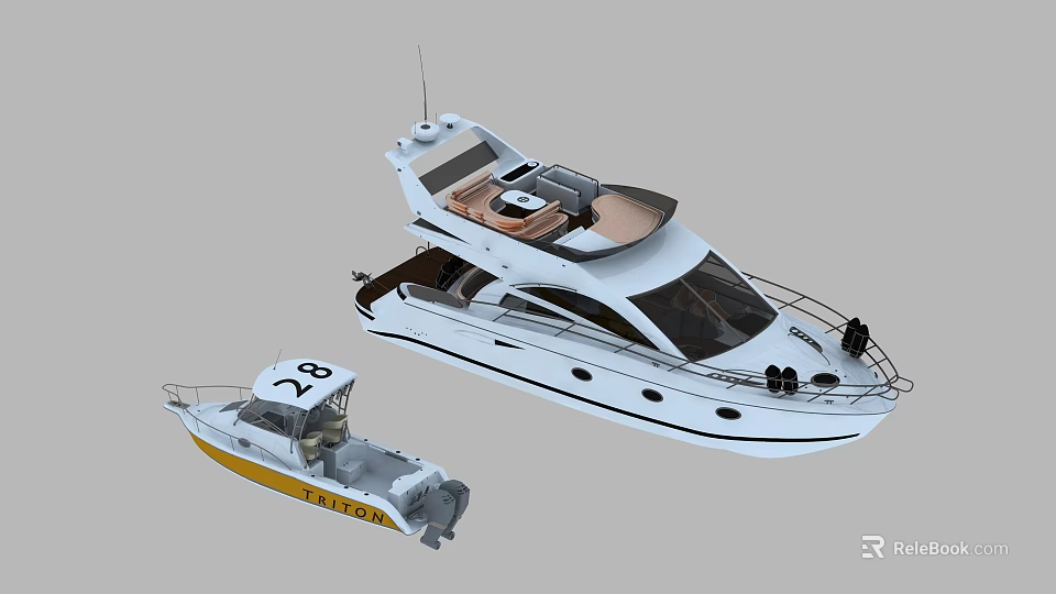 Modern White Luxury Yacht With Upper Deck And Accompanying Small Boat 3d model 