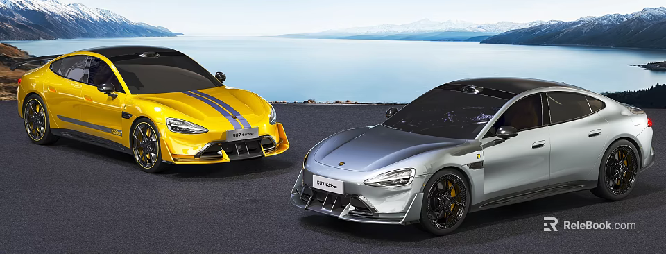 Yellow And Silver Sports Cars Parked By Lakeside With Mountain View 3d model 