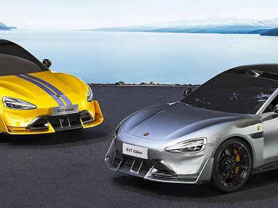 Yellow And Silver Sports Cars Parked By Lakeside With Mountain View 3d model