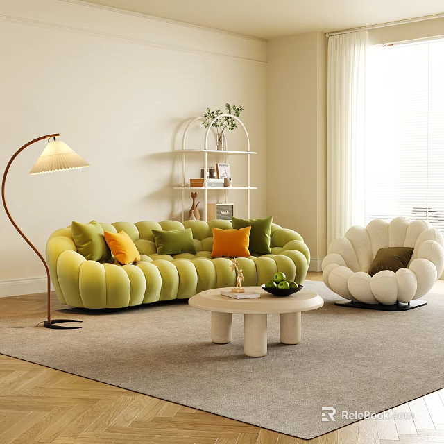 Plush Cloud Shaped Sofa And Coffee Table Set For Warm Bright Comfortable Living Room Decoration 3d model 