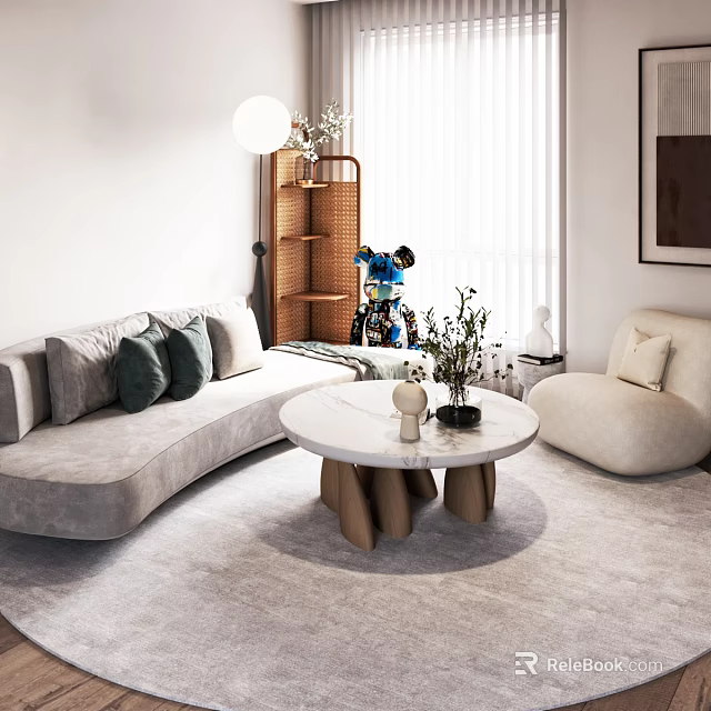 Curved Light Gray Sofa with Cushions and Round Marble Coffee Table in Bright Living Room 3d model 