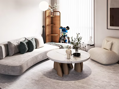 Curved Light Gray Sofa with Cushions and Round Marble Coffee Table in Bright Living Room 3d model