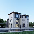 Modern Two Story Detached Villa Exterior With Large Glass Windows And Stone Walls
