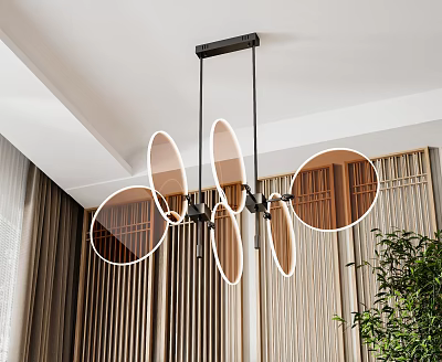 Modern Multiple Oval Glass Chandelier With Black Metal Frame In Wooden Grille Interior Decor 3d model