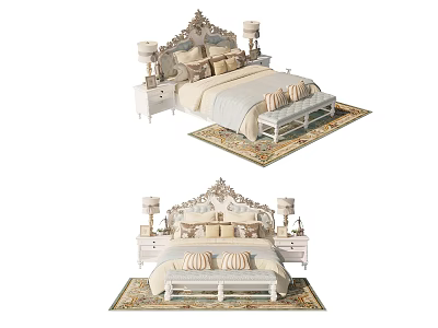 Elegant Cream Double Bed with Ornate Carved Headboard Nightstands Lamps Bench and Rug 3d model