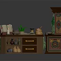 Wooden Kitchen Storage Cabinets And Shelves With Decorative Bottles Jars Books Plants