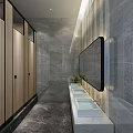 Modern Public Restroom with Wooden Stall Doors Gray Marble Walls White Sinks Mirror Potted Plant