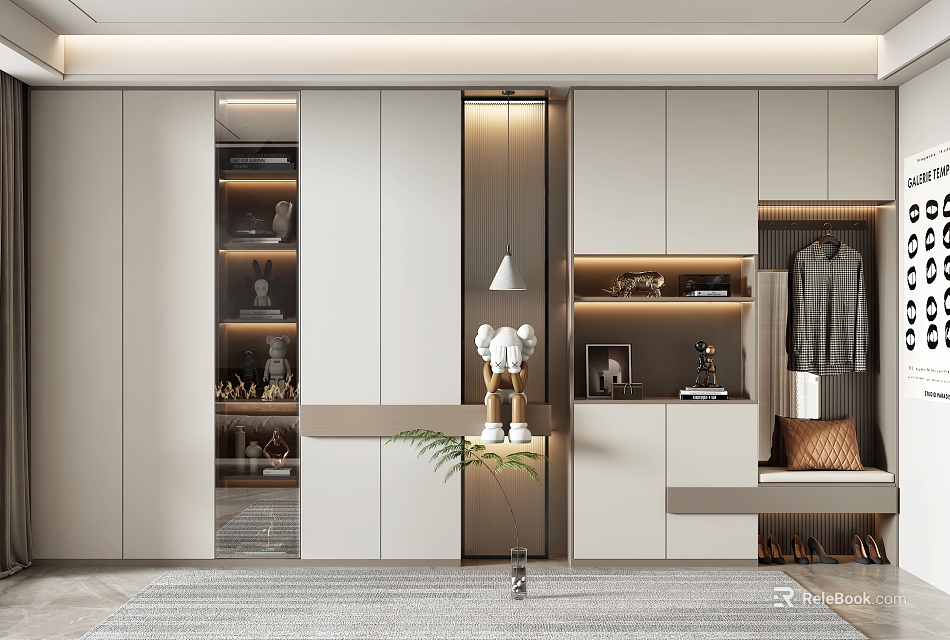 Modern Shoe Cabinet Interior With Built in Lighting Bench Open Shelves And Hanging Rack 3d model 