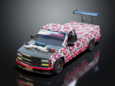 Modified Racing Truck With Pink And White Floral Pattern And Roof Spoiler 3d model