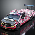 Modified Racing Truck With Pink And White Floral Pattern And Roof Spoiler