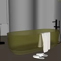 Transparent Green Bathtub With White Towel Slippers And Bamboo Plant In Minimalist Bathroom