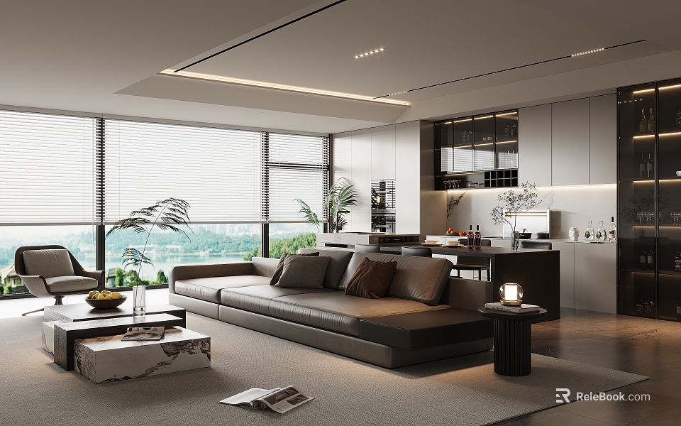 Modern Living And Dining Room Interior With Large Windows Blinds Sofa Coffee Table And Plants 3d model 