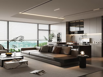 Modern Living And Dining Room Interior With Large Windows Blinds Sofa Coffee Table And Plants 3d model