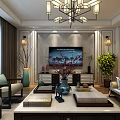 Elegant Dining And Living Room Interior With Gray Cabinets Wooden Flooring And Circular Paintings