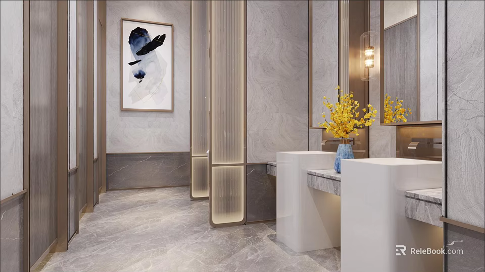 Luxurious Hotel Bathroom Interior Design With Marble Surfaces Double Vanities Mirrors And Decorative Lighting 3d model 