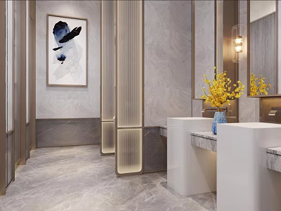 Luxurious Hotel Bathroom Interior Design With Marble Surfaces Double Vanities Mirrors And Decorative Lighting 3d model