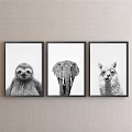 Three Animal Paintings Featuring Pug Rabbit Leopard in Black Frames on Light Linen 3d model