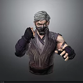 Gray Haired Male Character Bust Wearing Black Mask And Dark Striped Outfit Holding Dagger