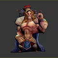 Muscular Shirtless Fantasy Game Movie Character With Long Blonde Hair Red Helmet And Blue Cape