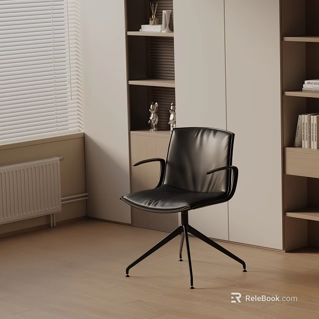 Black Leather Office Chair With Armrests Metal Legs In Modern Interior With Bookshelf Blinds 3d model 