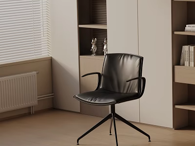Black Leather Office Chair With Armrests Metal Legs In Modern Interior With Bookshelf Blinds 3d model