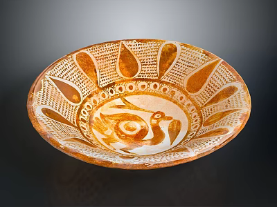 Intricately Carved Orange And White Bowl With Bird Motif Geometric Leaf Patterns 3d model