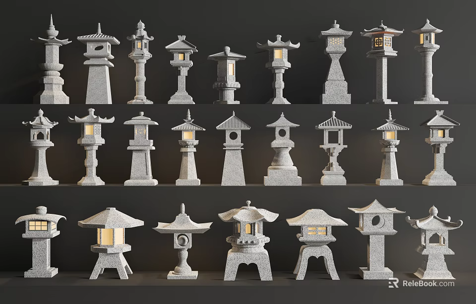 Japanese Style Stone Outdoor Lanterns With Various Designs Heights And Structures 3d model 