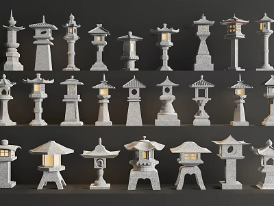 Japanese Style Stone Outdoor Lanterns With Various Designs Heights And Structures 3d model
