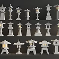 Japanese Style Stone Outdoor Lanterns With Various Designs Heights And Structures 3d model